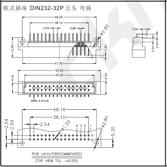 欧式插座 32 PIN 公头弯插