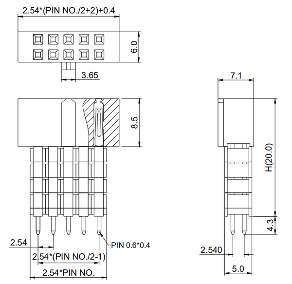 2.54mm双排 排母 直插Y型端子 带凸+排针塑胶